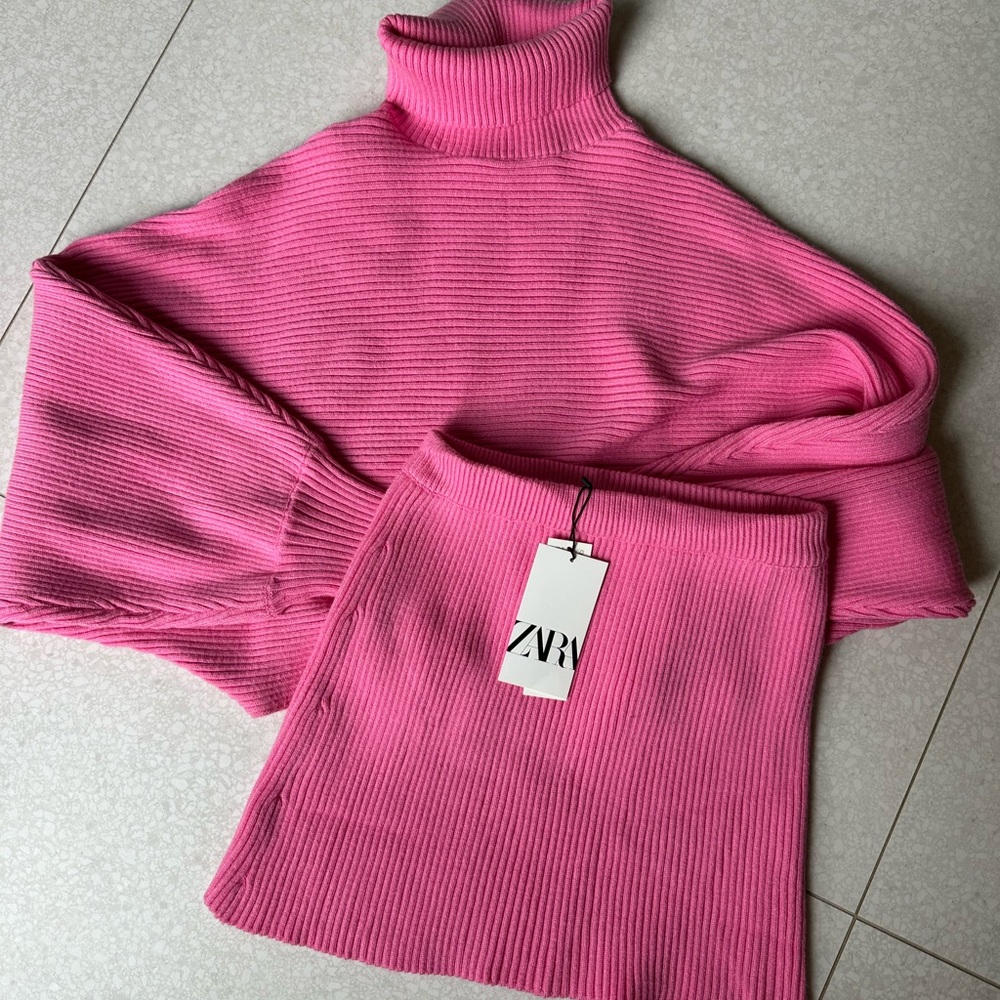 Zara Vibrant Pink Cowl Neck Sweater and Skirt
